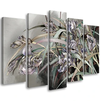 Leinwandbild 5 teilig, Iris Blumen im Wind 