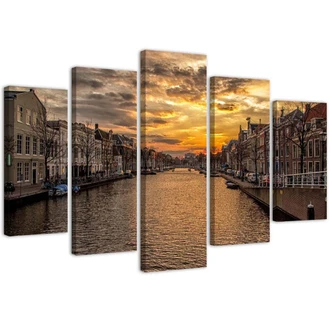 Leinwandbild 5 teilig, Stadt Fluss Sonnenuntergang 