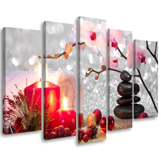 Tableau sur toile 5 pièces, bougies pierres fleurs 