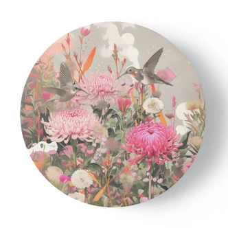 Rundes Leinwandbild Kolibris und Blumen auf dem Feld 