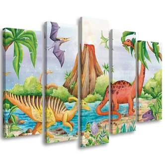 Leinwandbild 5 teilig, Dinosaurier am See 
