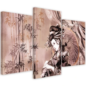 Leinwandbild 3 teilig, Geisha und Bambus 