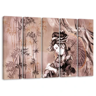 Leinwandbild 5 teilig, Geisha und Bambus 