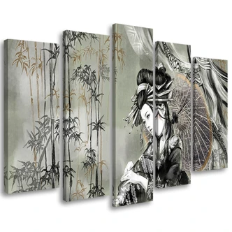 Leinwandbild 5 teilig, Geisha und Bambus 