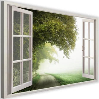Leinwandbild, Fensterblick, nebliger Baum 