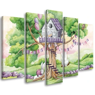 Leinwandbild 5 teilig, Weiße Kaninchen Hütte auf dem Baum 