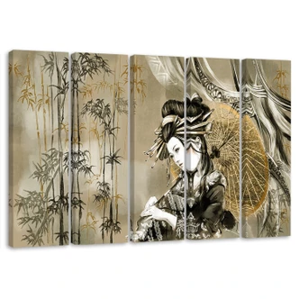 Leinwandbild 5 teilig, Geisha und Bambus 