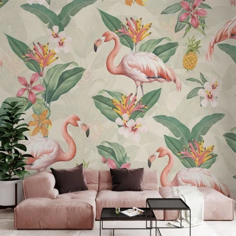 Zomer Fotobehang - flamingo en tropische bladeren - Bloomery Decor 
