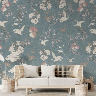 Papel Pintado Japandi - Grullas en Flor de Cerezo Azul Rush - Bloomery Decor Papel Pintado Japandi - Grullas en Flor de Cerezo Azul Rush - Bloomery Decor