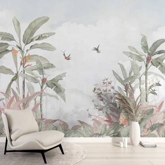 Dschungel-Fototapete Wohnzimmer - Tropische Idylle mit Kolibri Blau - Bloomery Decor Dschungel-Fototapete Wohnzimmer - Tropische Idylle mit Kolibri Blau - Bloomery Decor