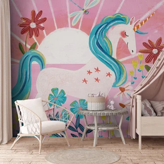 Kinderzimmer Fototapete Einhorn auf farbenfroher Blumenwiese - Bonne Müller Kinderzimmer Fototapete Einhorn auf farbenfroher Blumenwiese - Bonne Müller
