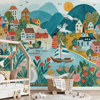 Fototapete Farbenfrohes Küstendorf im Sommer - Bonne Müller 