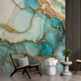 Fototapete Marmorierte Wellen in Türkis und Gold - Haase 