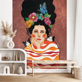 Fototapete Frau mit Blumenkrone und Katzen - Hülya 