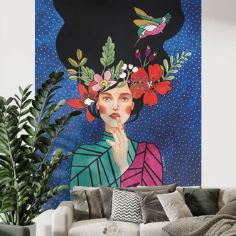 Wall Mural Woman with hummingbird in the starry night - Hülya 