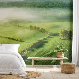 Fototapete Landschaft - Idyllische Felder im Nebel | Wohnzimmer Tapete - Keller 