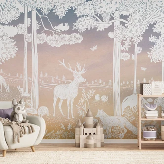 Wall Mural Peaceful forest with deer and foxes - Ombre - Kikki Belle 