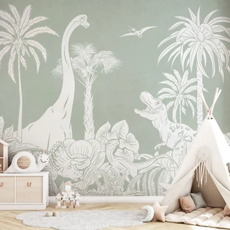 Groene prehistorische werelden - Fotobehang onder palmbomen - Kikki Belle Groene prehistorische werelden - Fotobehang onder palmbomen - Kikki Belle
