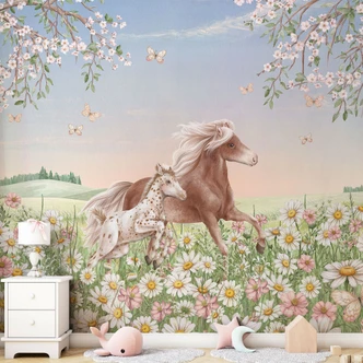 Fototapeta do pokoju dziecięcego Konie na kwiecistej łące - Kikki Belle 