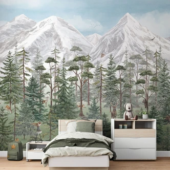 Fototapeta, tapeta natura dla dzieci - zwierzęta leśne w zielonym alpejskim lesie - Kikki Belle 