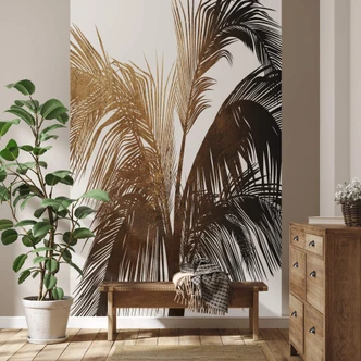 Fototapete Kubistika - Goldener Sonnenschein - Palmblätter Tapete 