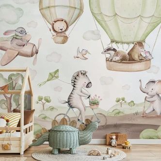 Wall Mural Children's wallpaper Balloon ride of animal friends - Kvilis 