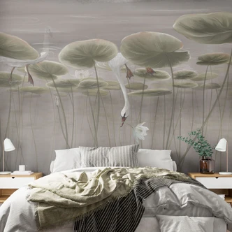 Natuur Fotobehang lotusbloemen met zwaan in het water in grijs - Ms Tiff 