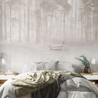 Fototapete Waldtapete - Wald am See im Nebel in Beige - Ms Tiff 