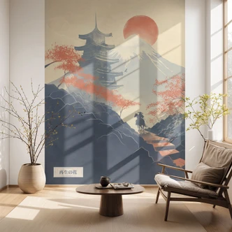 Zonsopgang boven de pagode | Japans landschap wallpaper - Roze 