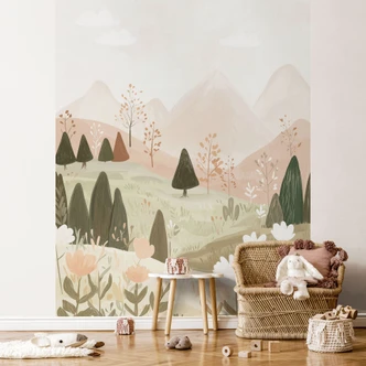 Kinderzimmer Fototapete Pastell Berglandschaft mit Blumen - Treechild 