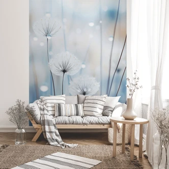 Wall Mural Dew pearls on dandelions | Blue flower wallpaper - Treechild 