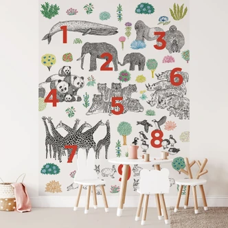 Kinderzimmer Fototapete Illustration von Zootieren mit Zahlen - Walentynowicz 
