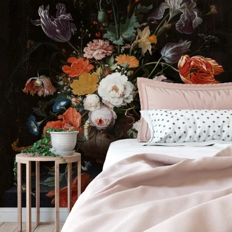 Fototapete Mignon - Stillleben mit Blumen und einer Uhr 