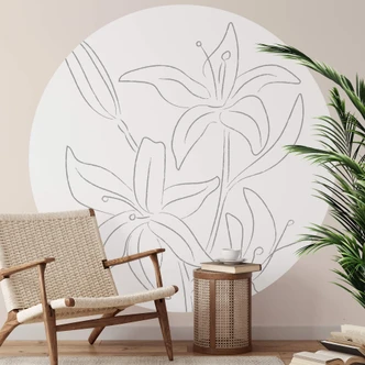 Fototapete 1X Studio - Line Art Floral - Minimalistische Blumen - Rund - Selbstklebend/Vlies 