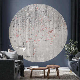 Fototapete Carozzi - Weißer Birkenwald mit roten Blättern - Rund - Selbstklebend/Vlies 