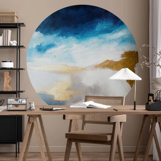 Papier peint photo rond Coup de pinceau bleu et or - Haniff - papier peint intissé/papier peint intissé autocollant 