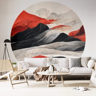 Fototapet - Röda berg i Japandi-stil - Rund - non-woven tapet/självhäftande non-woven tapet 
