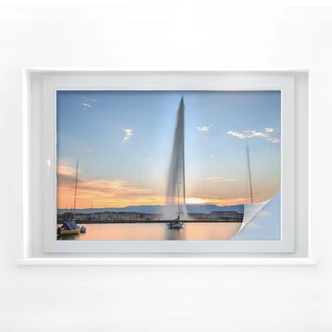 Sichtschutzfolie Wasserfontäne im Genfer Sonnenuntergang 