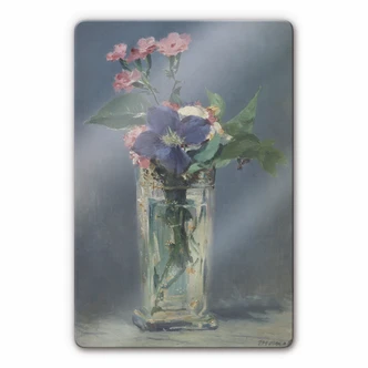 Glasbild Manet - Glasvase mit Nelken und Klematis 