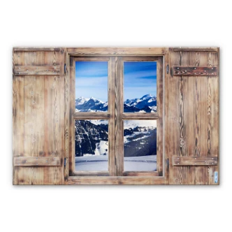 Glasbild 3D Holzfenster - Alpenpanorama 