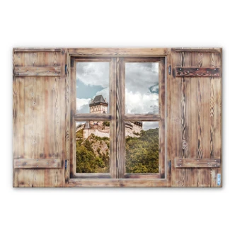 Glasbild 3D Holzfenster - Burg Karlstein 