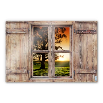 Glasbild 3D Holzfenster - Sonnenuntergang über den Hügeln 
