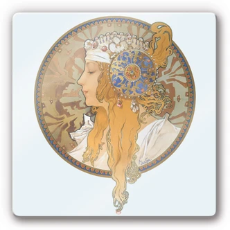 Tableau en verre - Mucha - Médaillon avec le portrait d'une femme blonde 