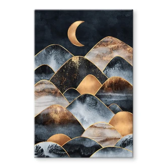 Tableau sur verre Fredriksson - Montagnes au clair de lune doré 