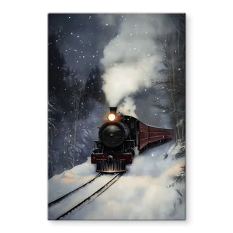 Tableau en verre Locomotive à vapeur dans la forêt enneigée - Melloi Art Prints 