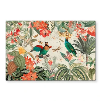 Tableau sur verre Jungle exotique avec perroquets - UN Designs 
