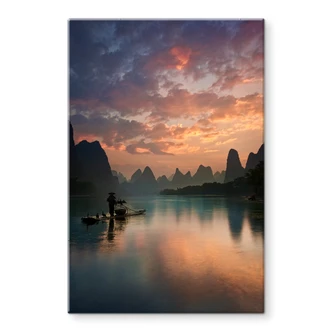 Tableau sur verre Zhang - paysage fluvial asiatique au crépuscule 
