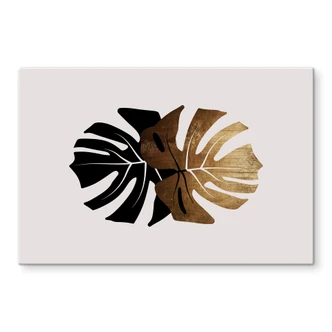 Glasbild Kubistika - Schwarz-goldene Monstera Blätter 