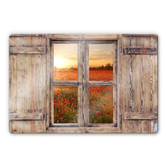 Glasbild 3D Holzfenster - Mohnblumen im Sonnenuntergang 