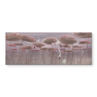 Glasschilderijen Lotusbloemen met zwaan in water in donkerroze - Ms Tiff - Panorama 